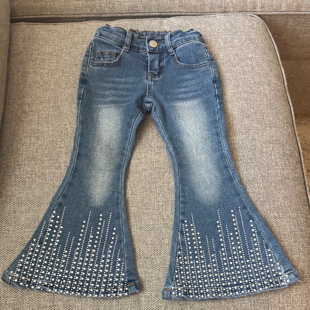 Girls' Blue Flared Jeans with Rhinestone Hem